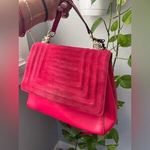 Zara Red Burgundy Garnet Faux Suede Hand Bag With Chain Wolf Emblem Detail